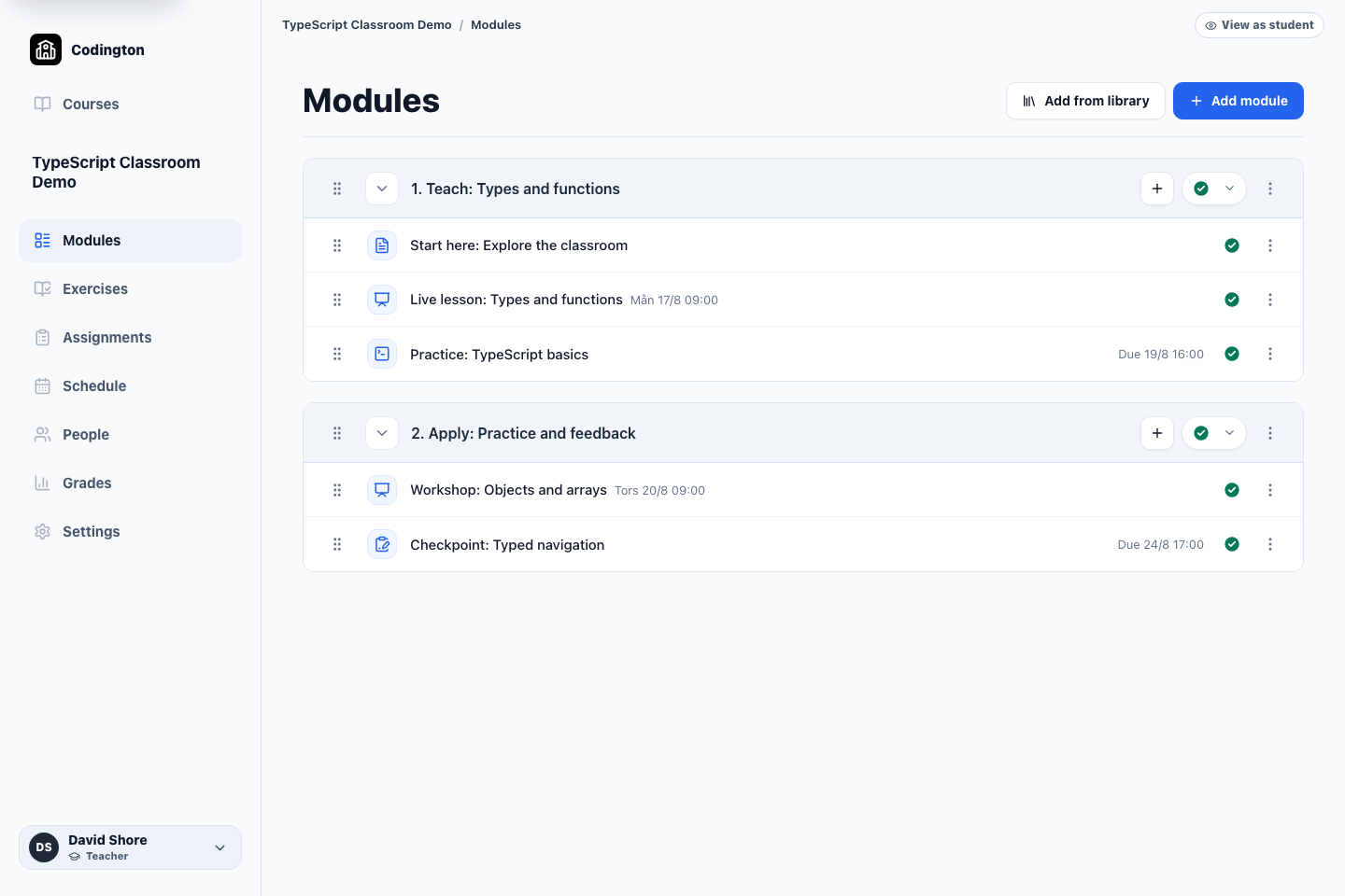 Codington course modules showing lessons, exercises, workshops, and assignments in teaching order